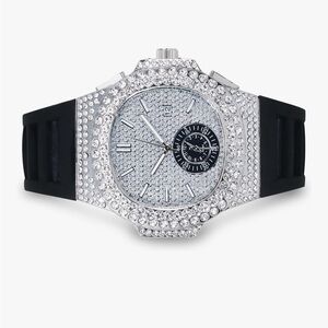 VVS Iced Out 43mm Watch Silver Silicone Black Bustdown Diamond Hip Hop Bling